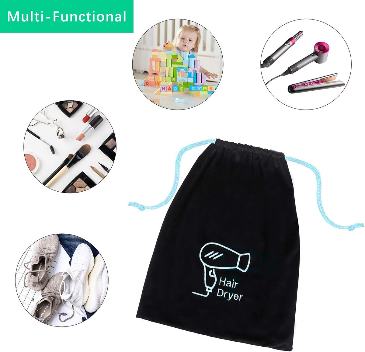 AKLVBL hair dryer bag hanging on bathroom hook