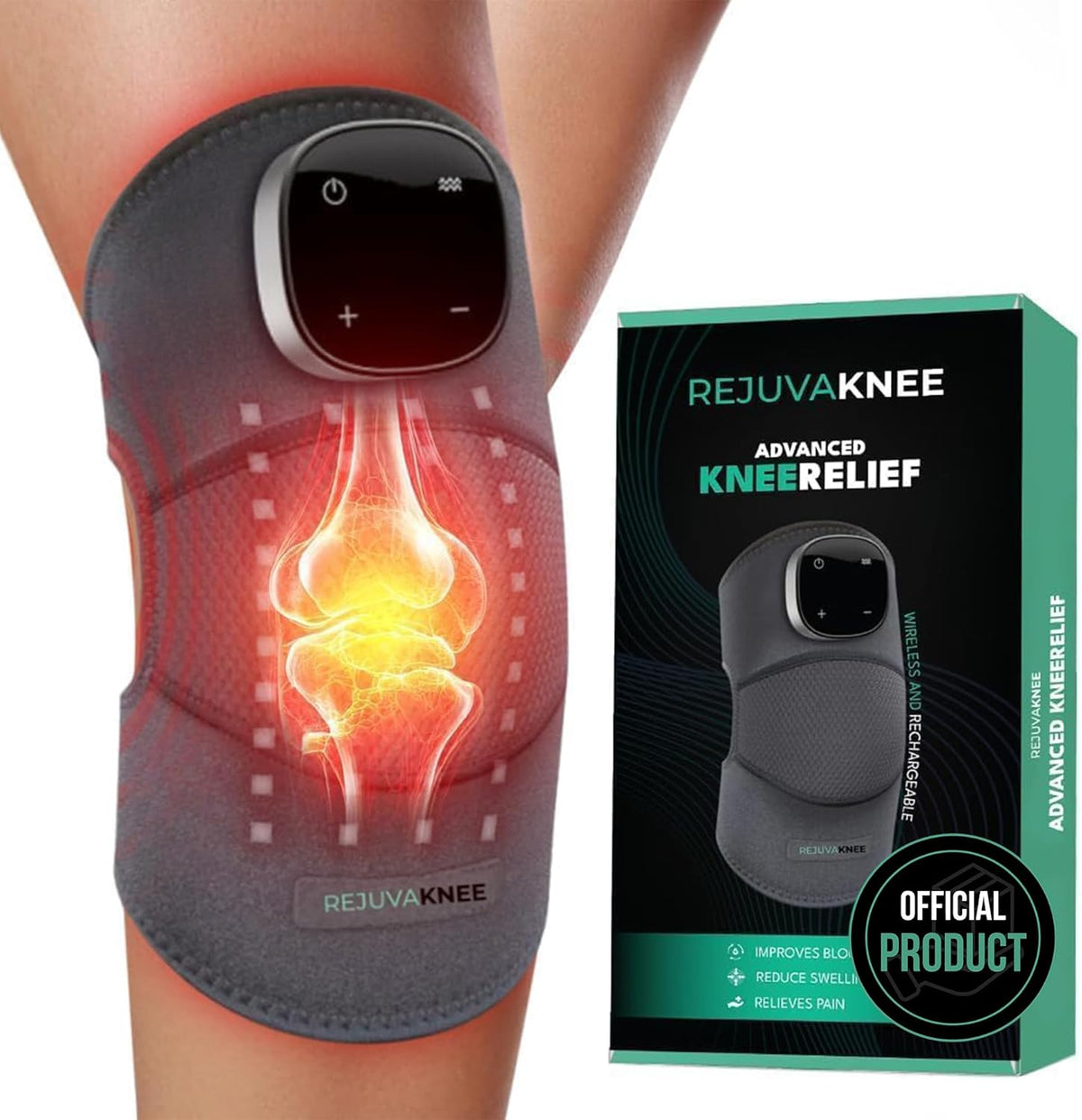Rejuvacare RejuvaKnee Triple Method Massager front view showcasing the grey wrap-around design.
