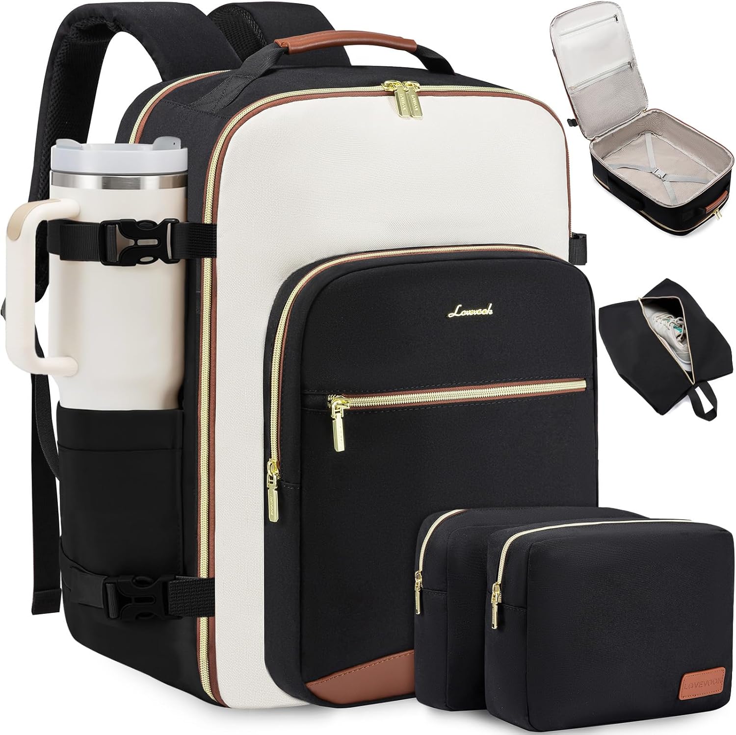 LOVEVOOK Large Travel Backpack front view showing the stylish multicolored color-block design and premium gold zippers.
