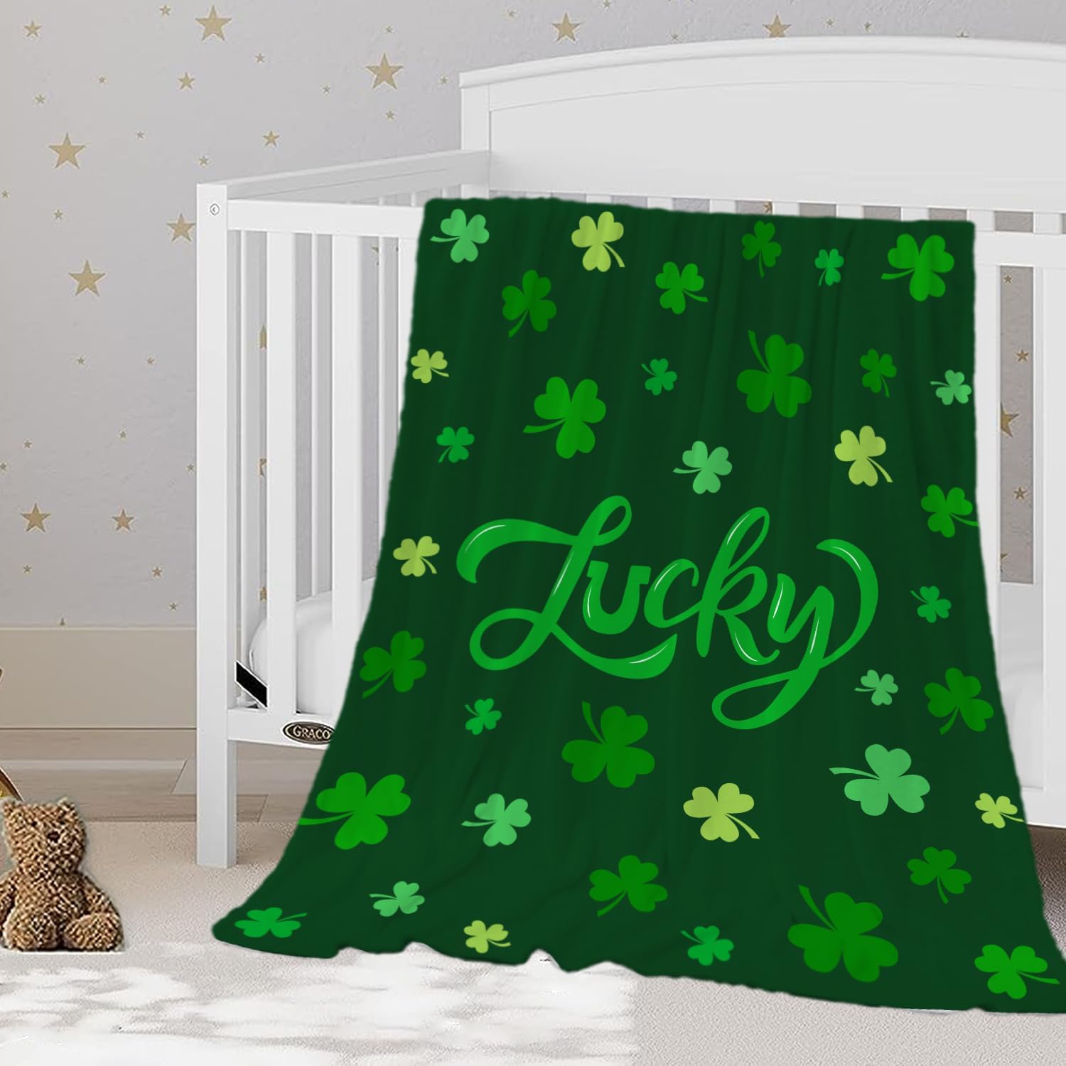 YeeJu St Patricks Day kids throw blanket front view showcasing green lucky shamrocks print