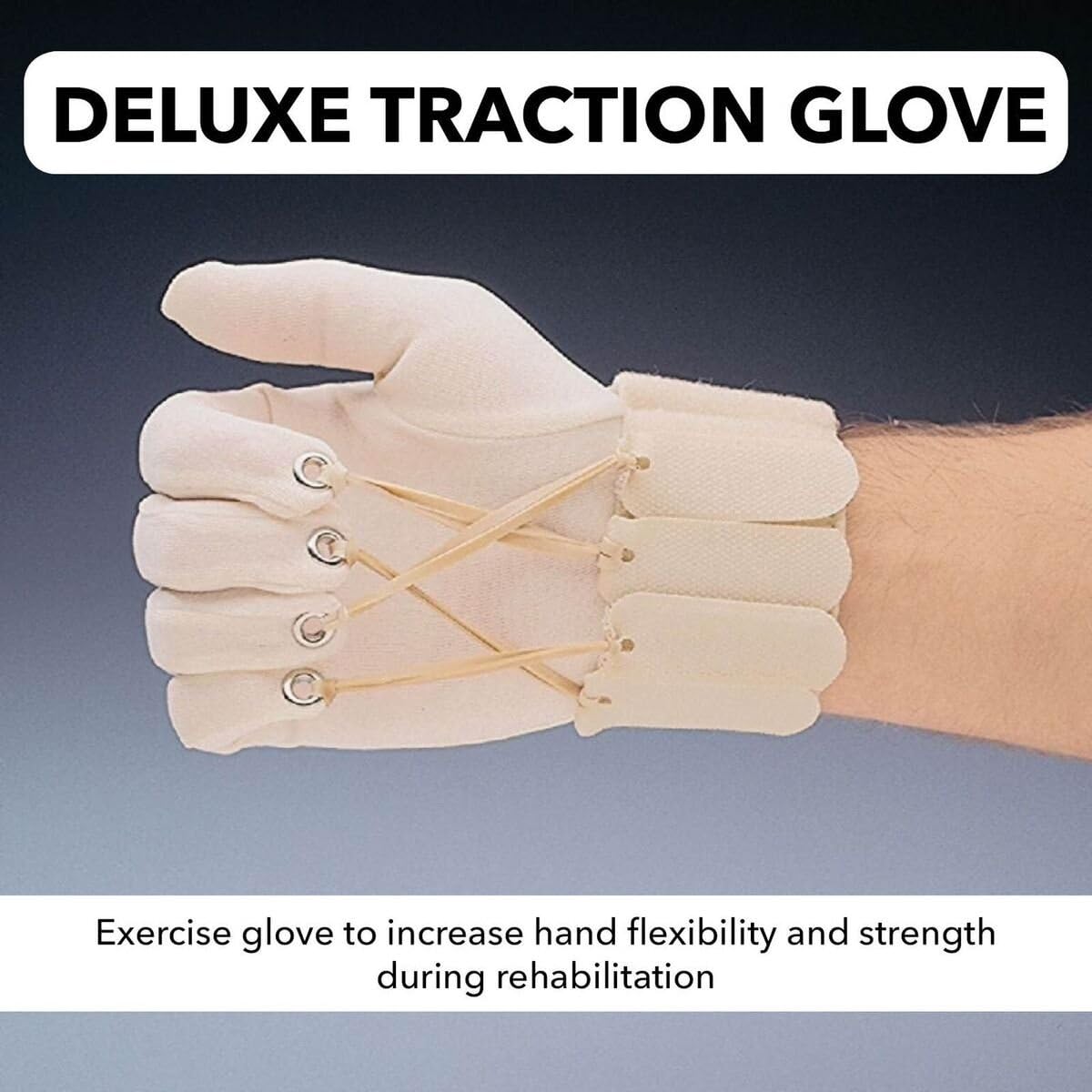 Sammons Preston rehabilitation glove showing fingertip eyelets and elastic bands