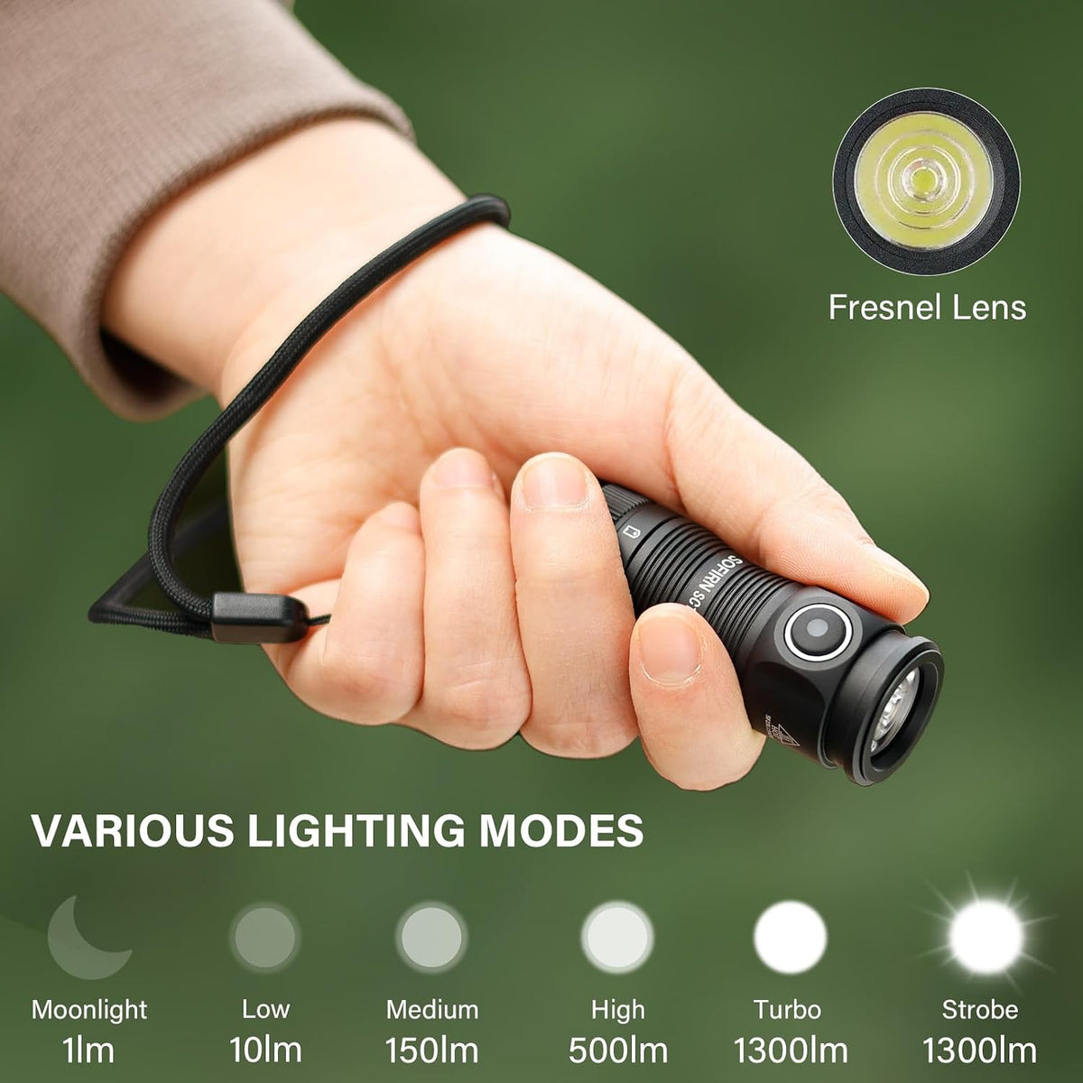 Sofirn SC13 1300 lumens flashlight held in hand for scale