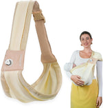 BabieBoo Baby Sling Carrier in beige showing the front view being worn by a parent with an infant inside.