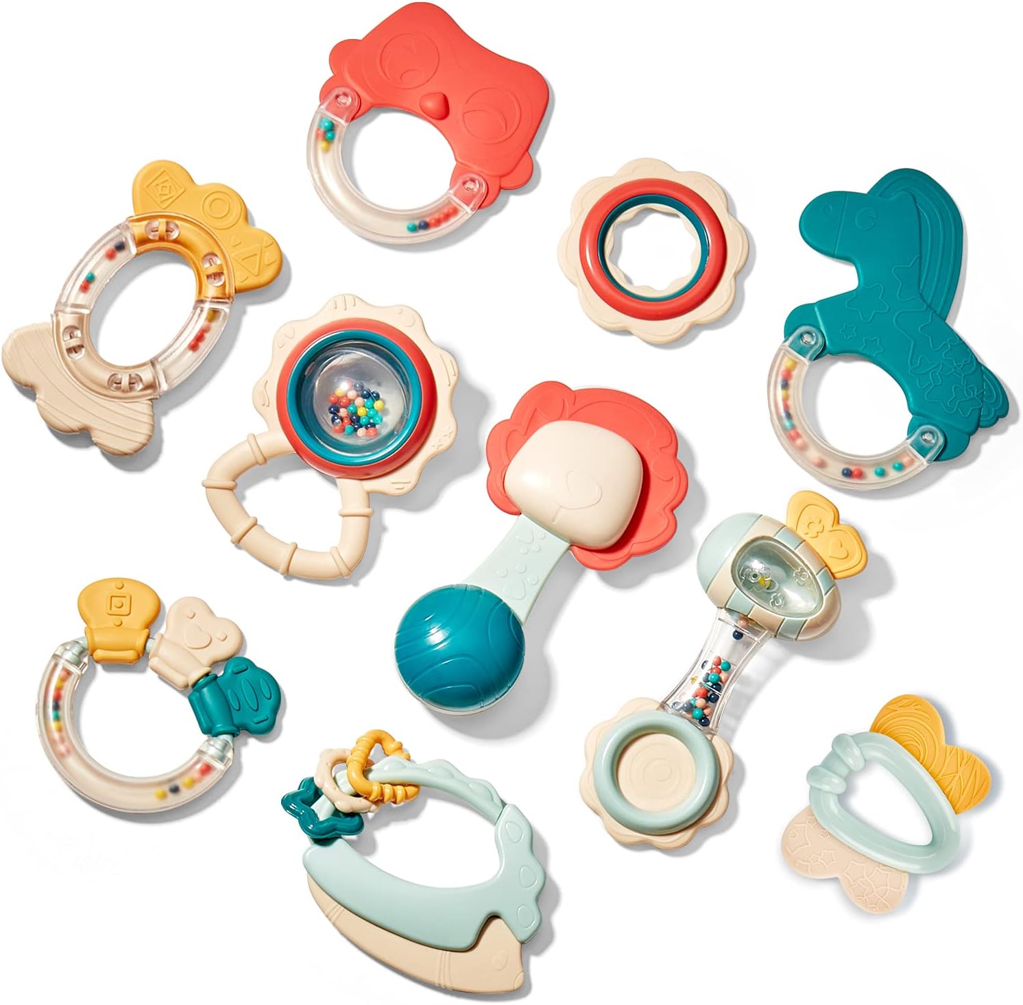 Hahaland baby rattle and teething toy 10 piece set front view showing colorful sensory toys
