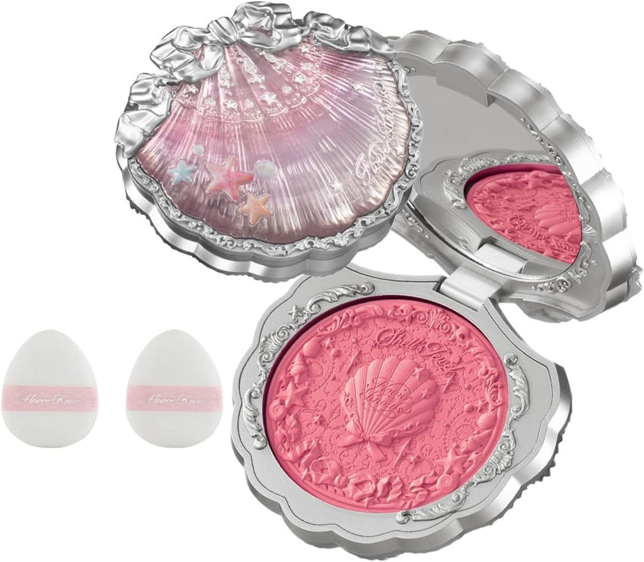 Flower Knows Shell's Jewel Silk Satin Blush 05 Strawberry Bubble compact front view showing the embossed holographic seashell design.
