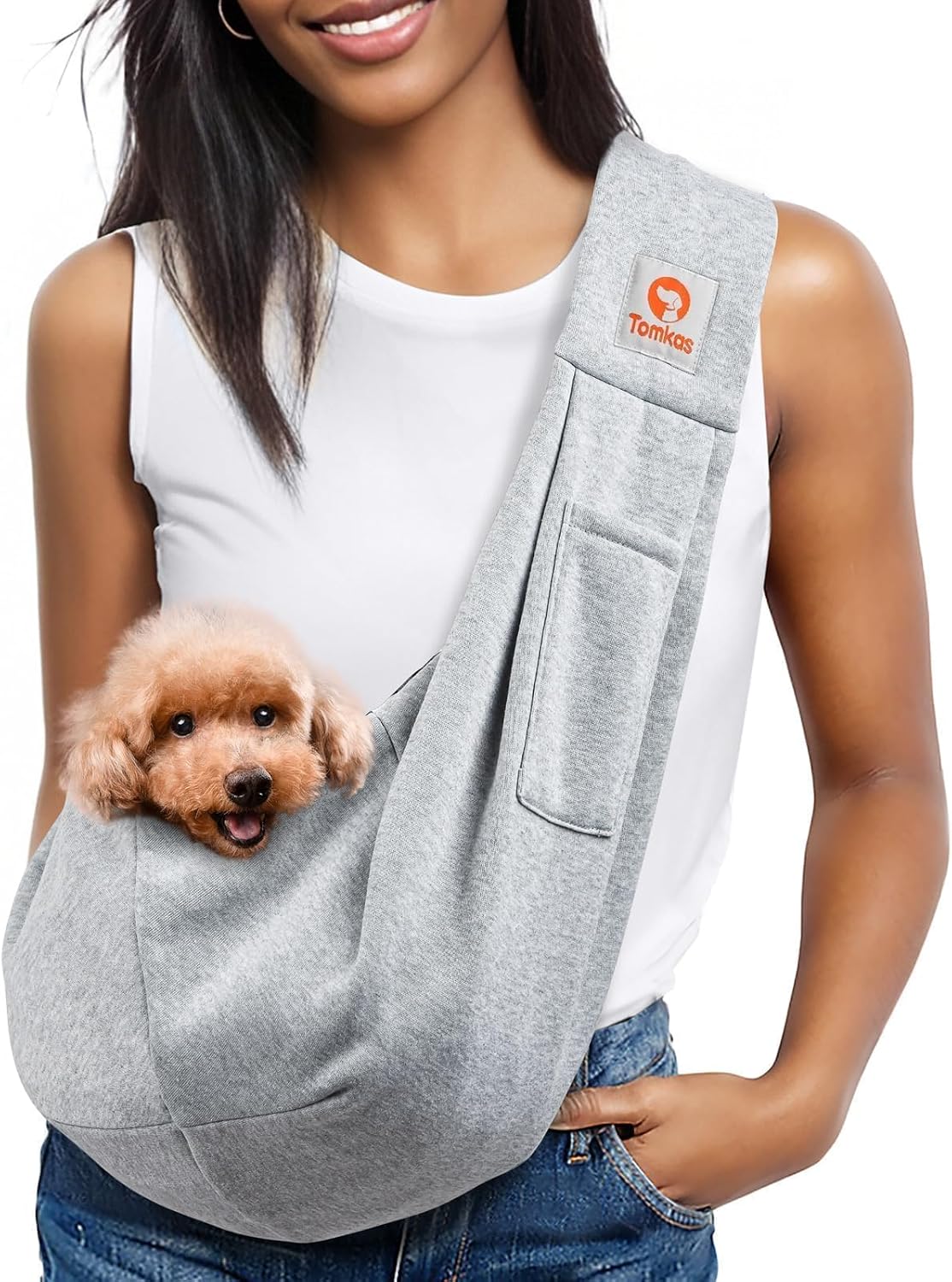 Tomkas dog cat carrier sling front view in grey color showing pocket