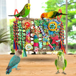 Close up view of YIXUND bird shredding mat with bamboo finger traps and colorful loofahs