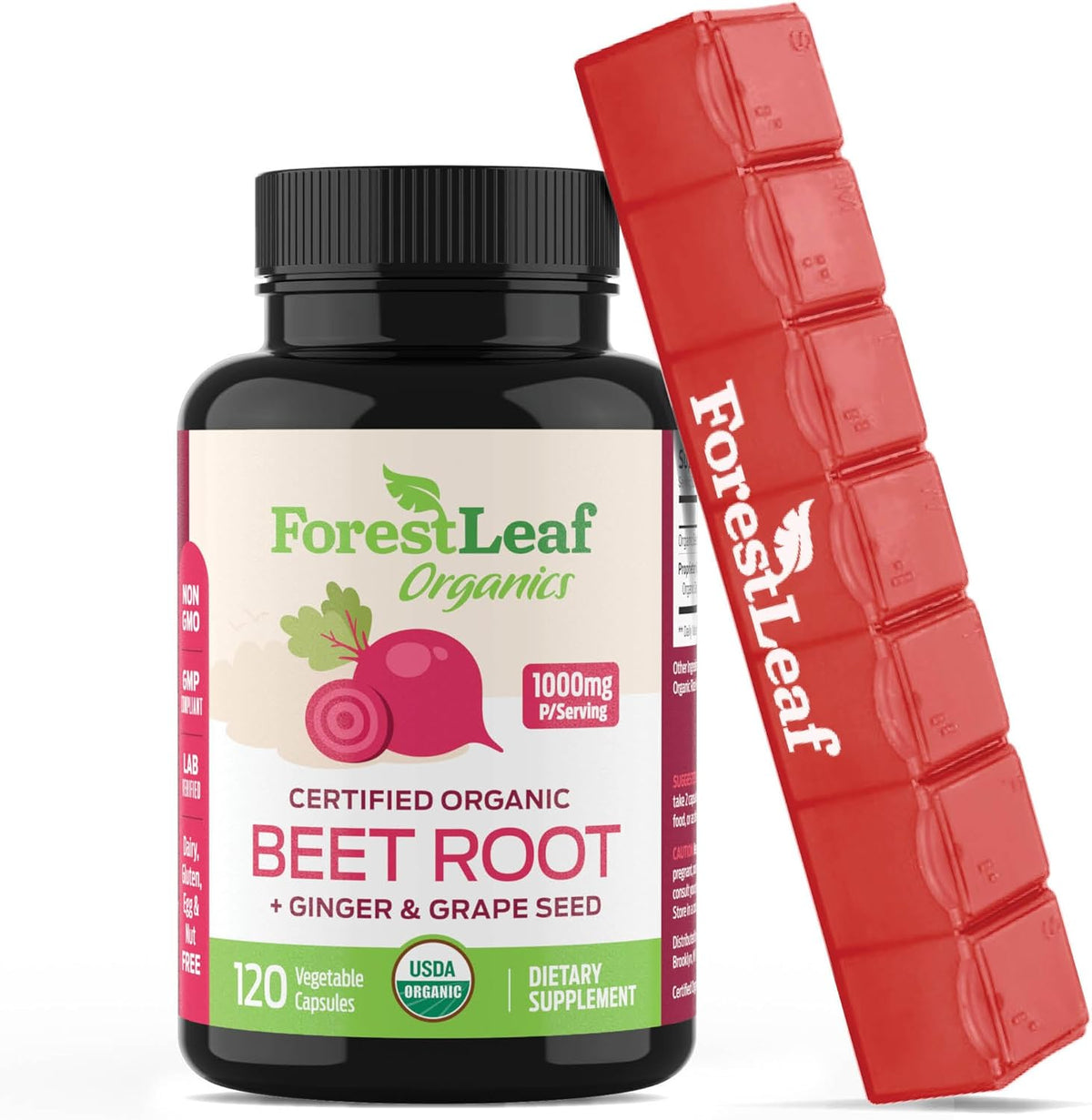 Organic Beet Root Capsules with Ginger and Grape Seed 1000mg Serving - 20:1 Beetroot Extract - Supports Blood Flow and Energy - Beets Supplements w/ Beet Root Powder (120 Count (Pack of 1) Red) - Image 1