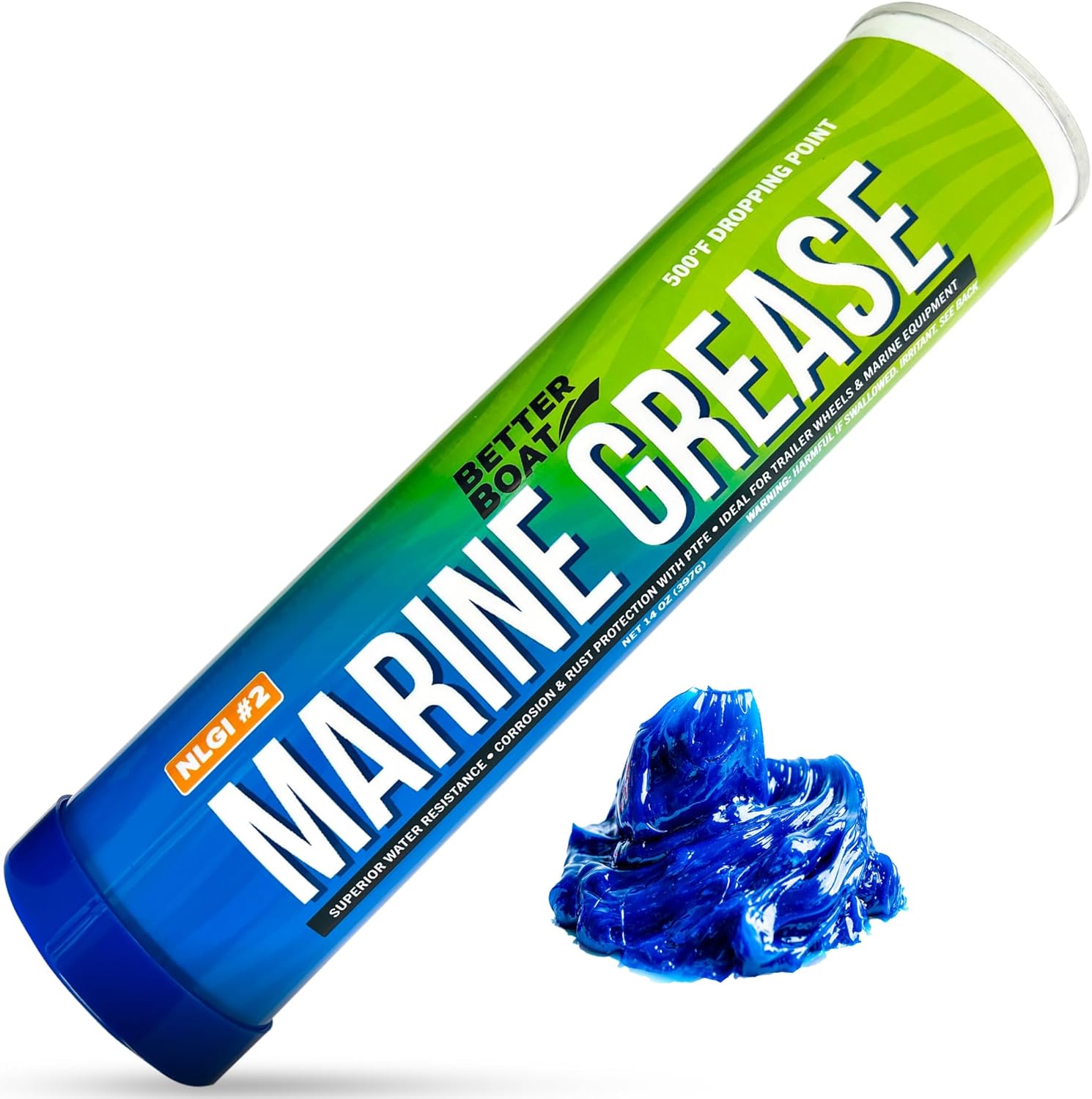 Better Boat Marine Grease Tube 14 Ounce front view showing the premium blue waterproof lubricant packaging.