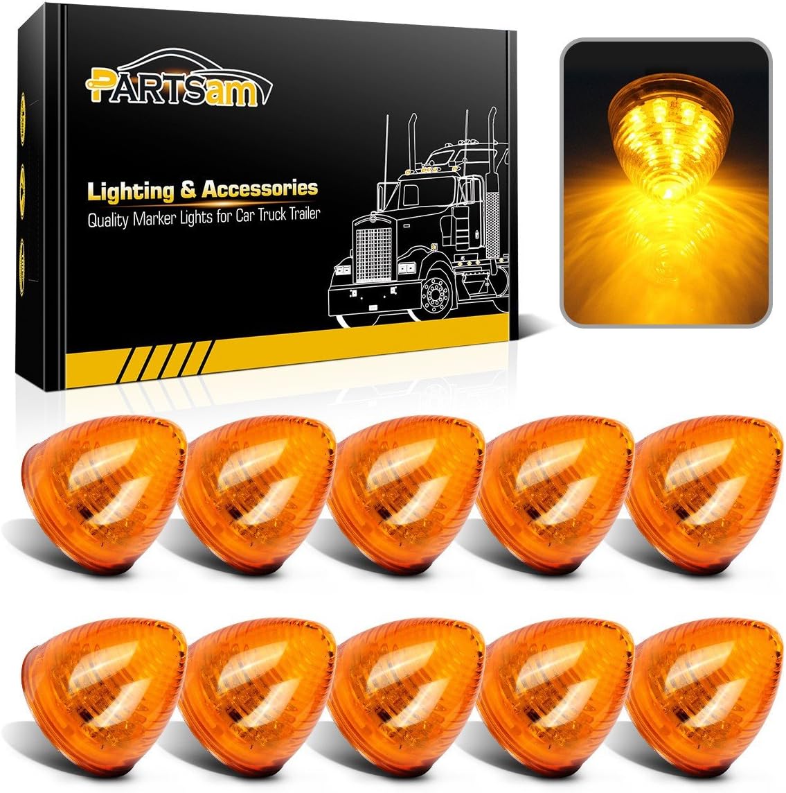 Partsam 10 Piece 2 Inch Amber 9 LED Side Marker Lights front view showing bright beehive cone design.