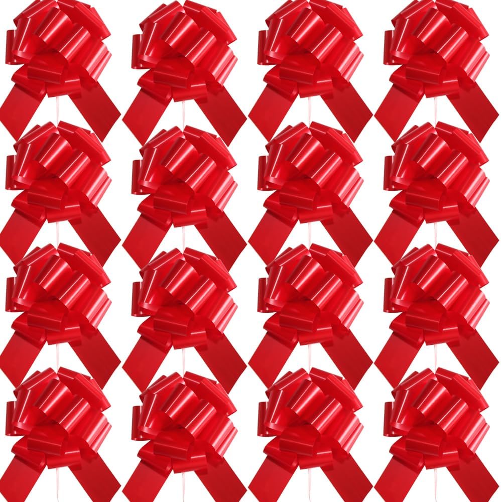 HSXJJ pull bows for gift wrapping front view of vibrant red six inch assembled flower ribbon on a present.