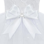Side profile of a girl dog wearing the XPUDAC lace wedding dress outfit.