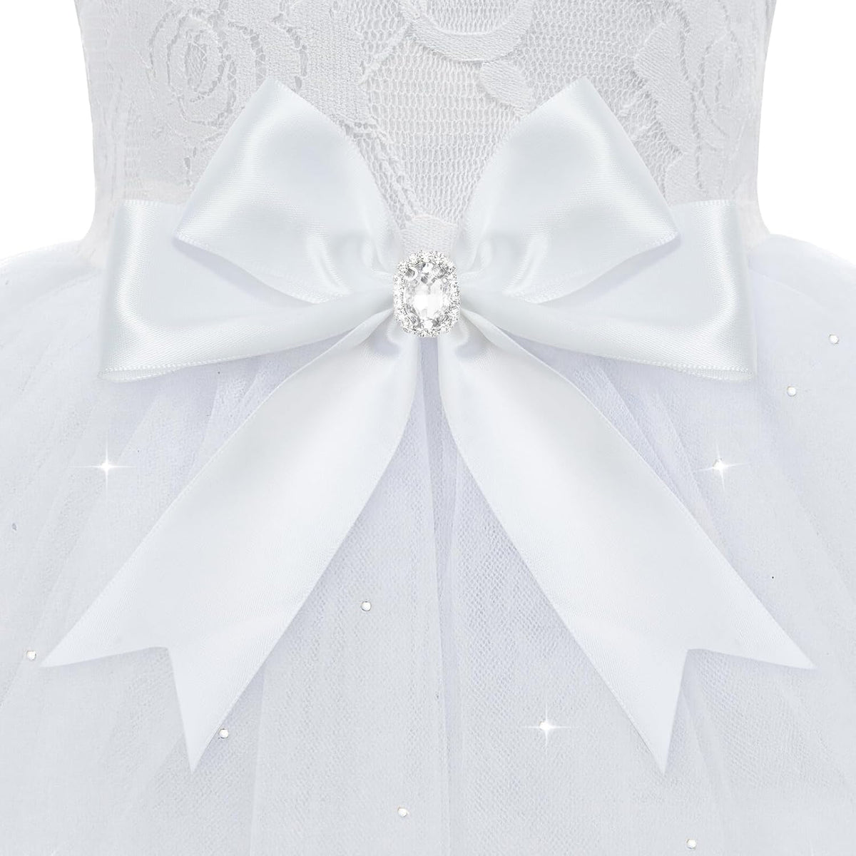 Side profile of a girl dog wearing the XPUDAC lace wedding dress outfit.