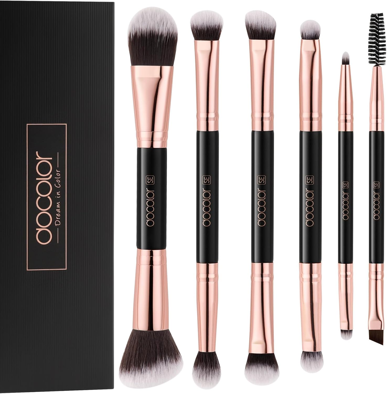 Docolor Double Sided Makeup Brush Set front view showing six dual ended rose gold beauty tools