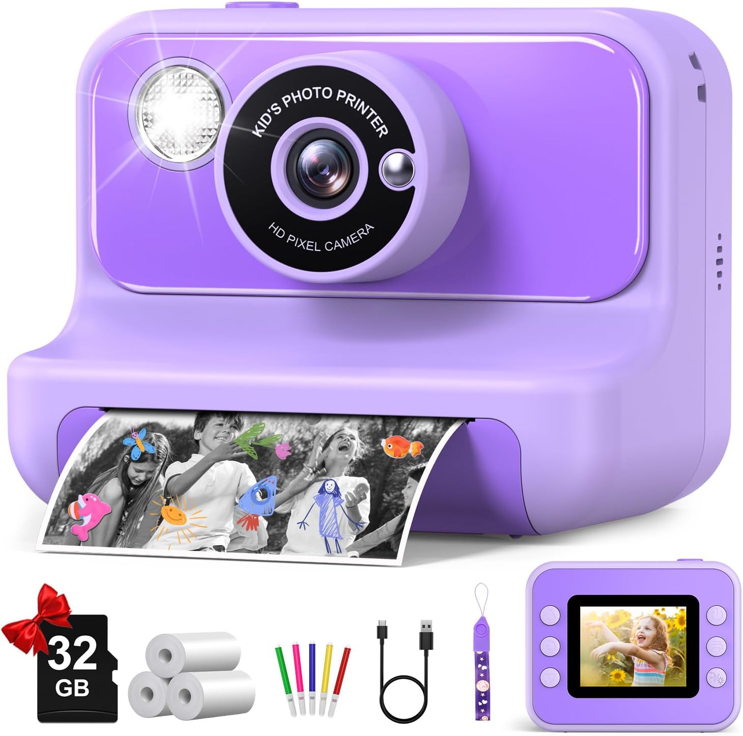 Gofunly Kids Instant Print Camera purple front view showing lens and thermal printer slot