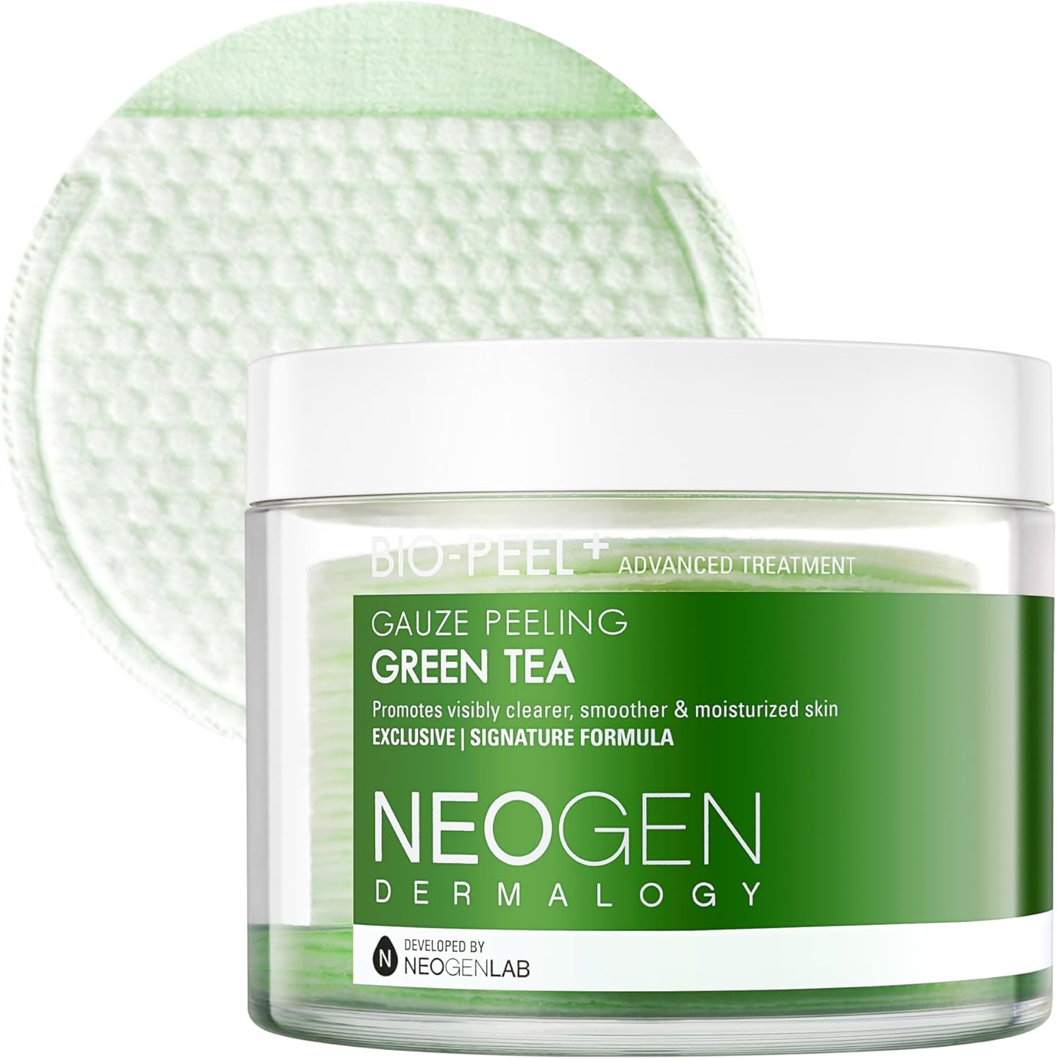 NEOGENLAB Dermalogy Bio-Peel Gauze Peeling Pads Green Tea front view of the packaging jar containing 30 exfoliating pads