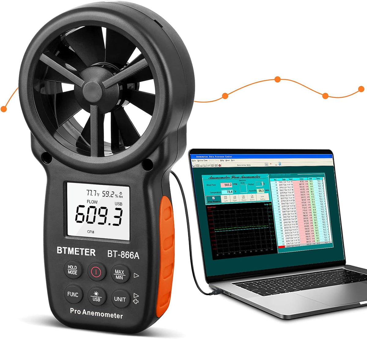 BTMeter BT-866A Pro anemometer front view showing LCD display and buttons