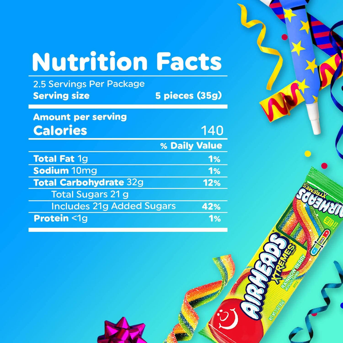 Airheads Xtremes sour candy belts box layout with individual three ounce packs.