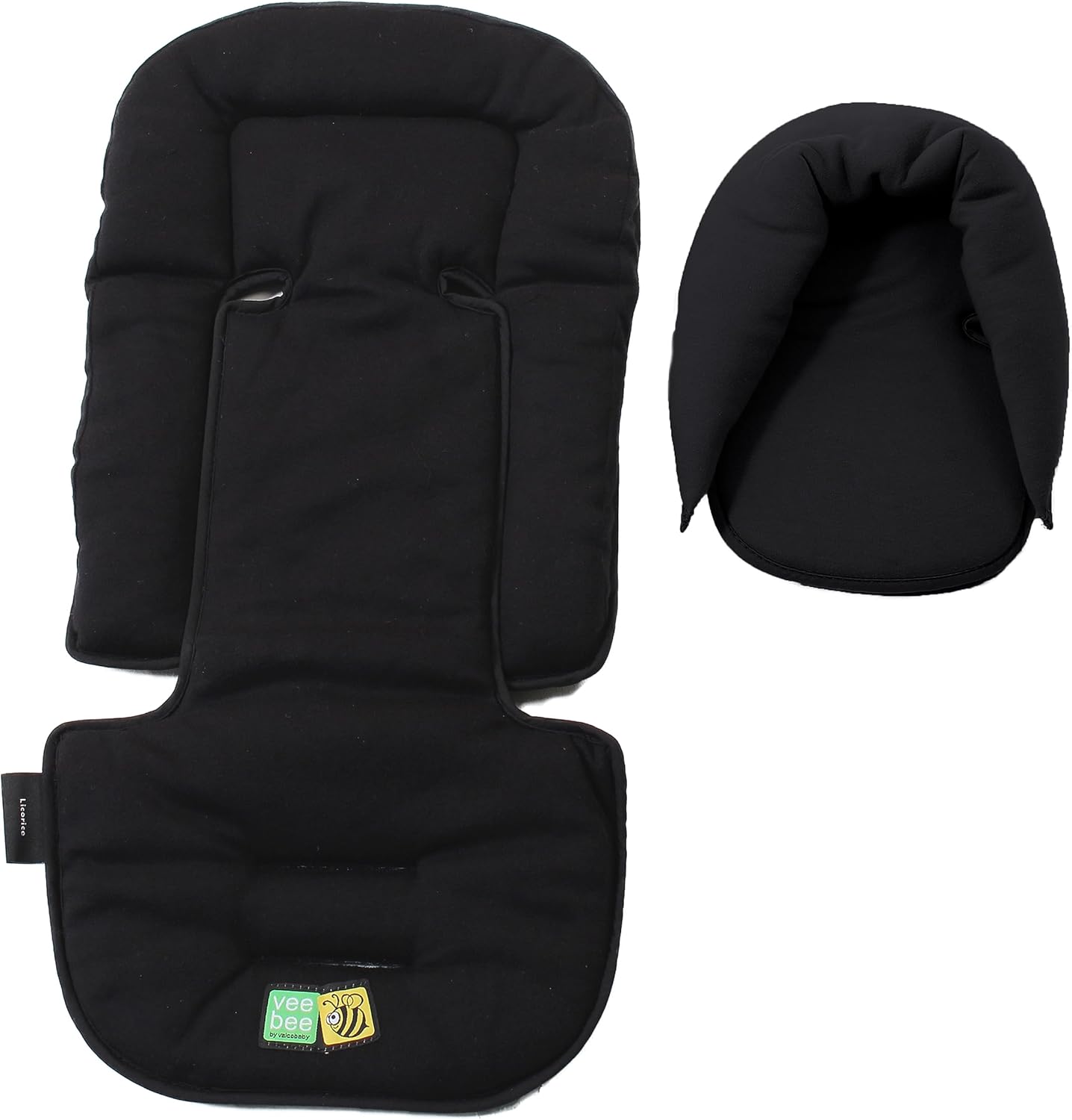 Valco Baby AllSorts Seat Pad front view showcasing the Liquorice black universal stroller liner and matching newborn head hugger accessory.