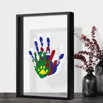 Guanshiya Family Handprint Kit front view showcasing the black wooden frame and 3D layered colored handprints.