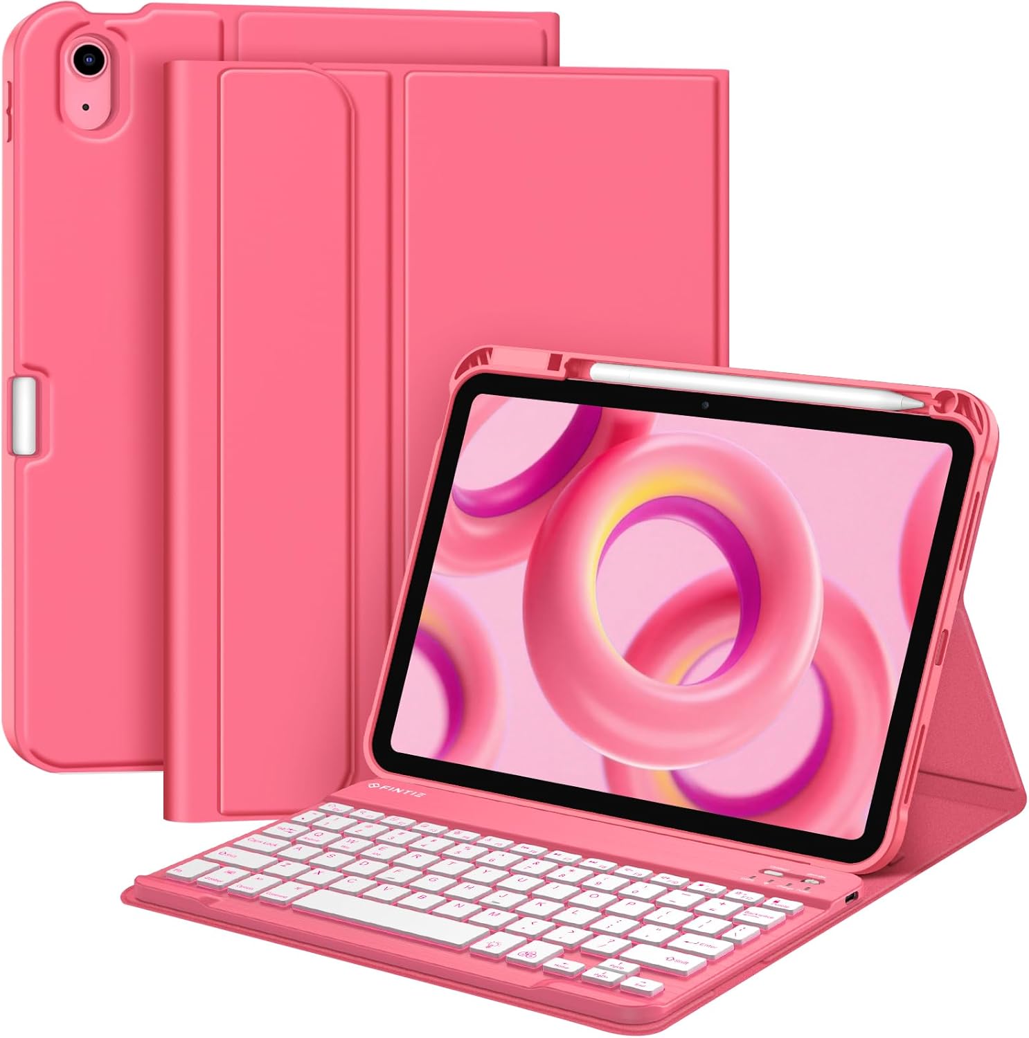 Fintie backlit keyboard case for iPad eleventh generation front view showing pink folio cover and illuminated keys