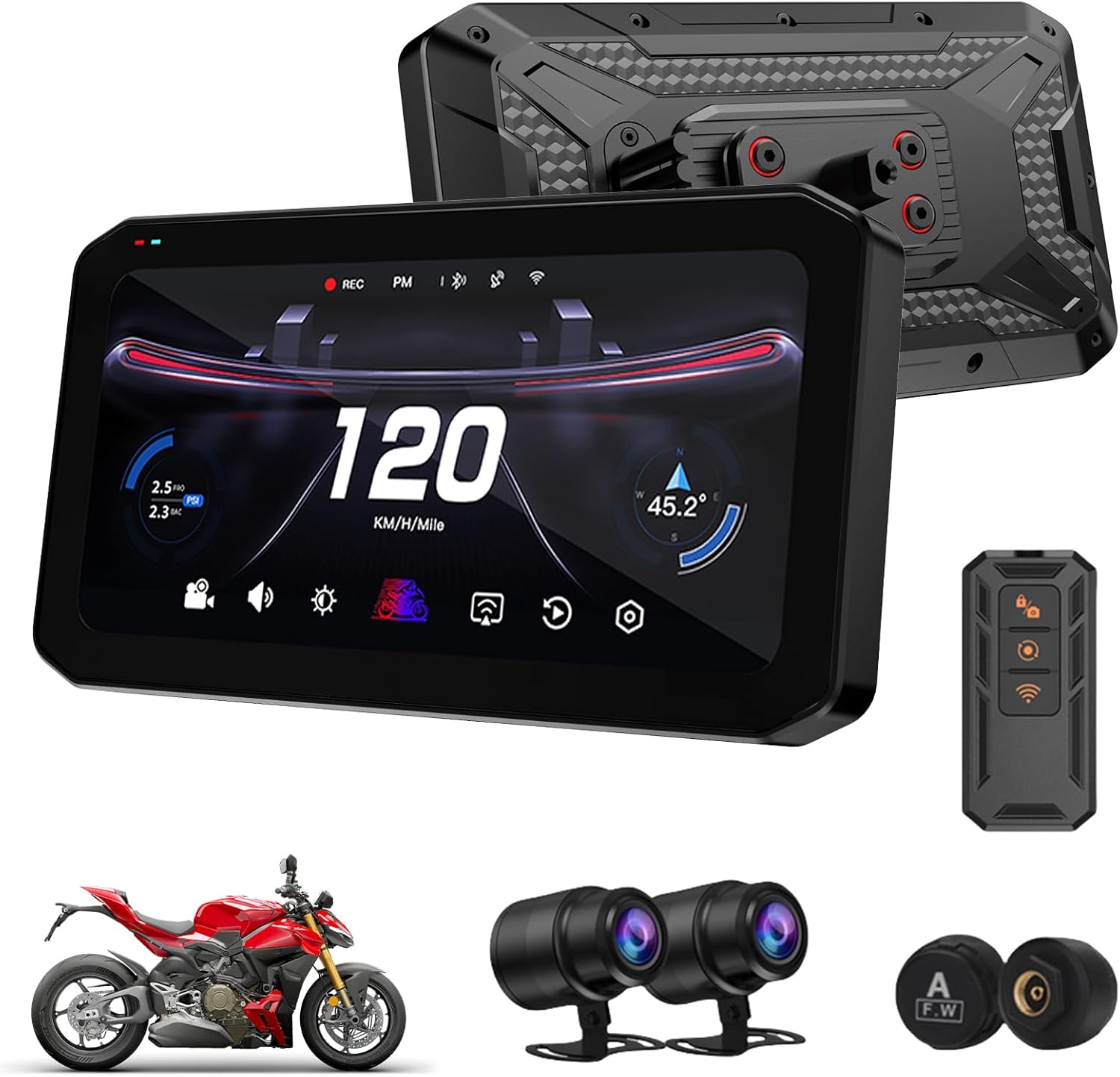 Mogico T7 Ultra motorcycle CarPlay system front view displaying navigation map on premium touchscreen.