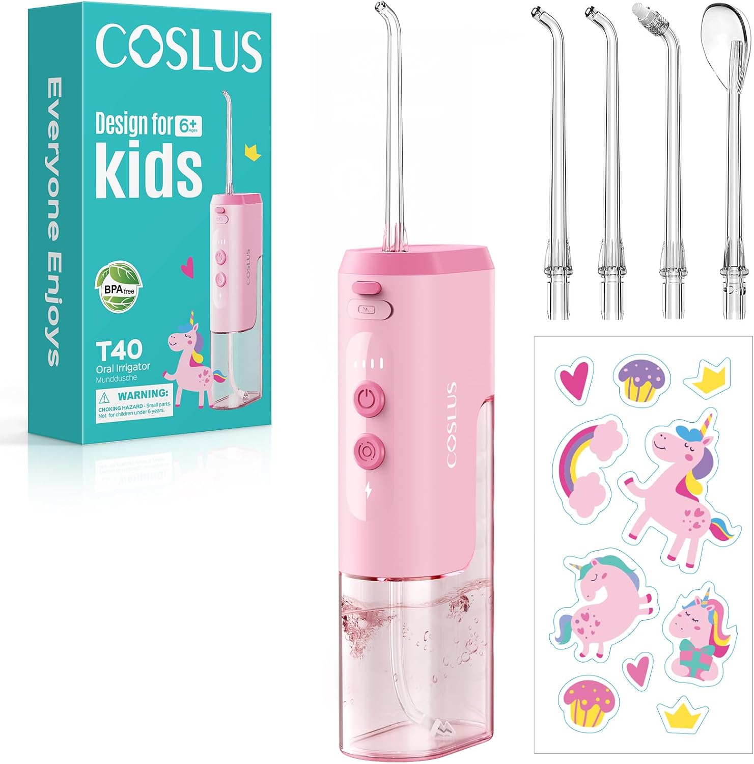 COSLUS T40 kids portable water flosser pink color front view showing power buttons