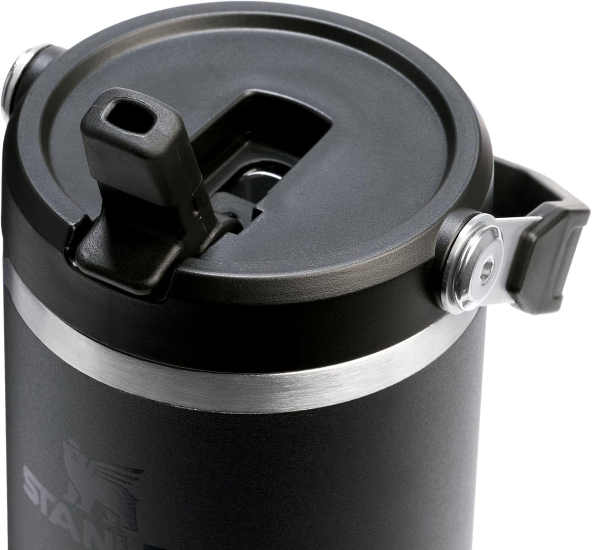 Stanley leakproof insulated stainless steel water bottle close up on the Flip Straw 2.0 lid.