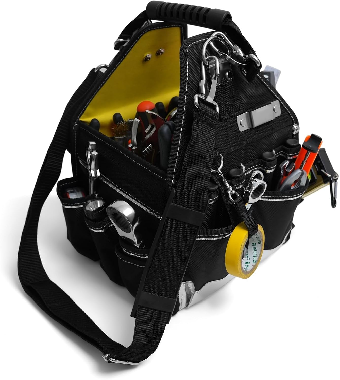 MARUTAI 10 Inch Small Tool Tote Bag front view showing open top and exterior pockets.