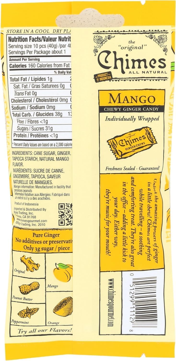 Chimes Mango Ginger Chews three pack layout showcasing the natural ingredients labels