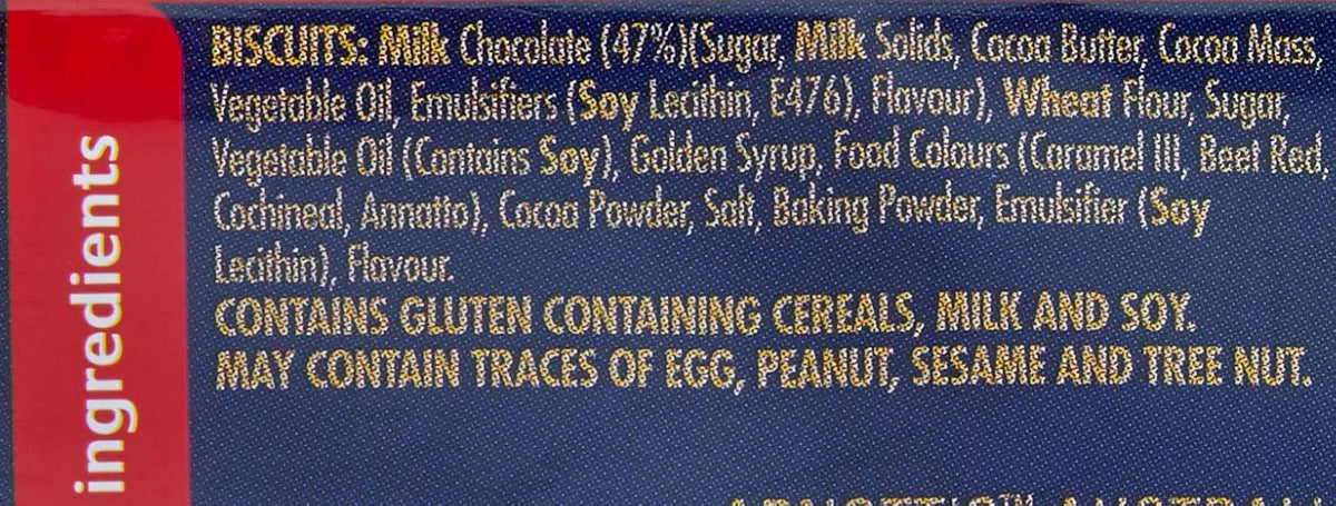Back view of Arnott's Tim Tam Double Coat packaging with ingredients and details
