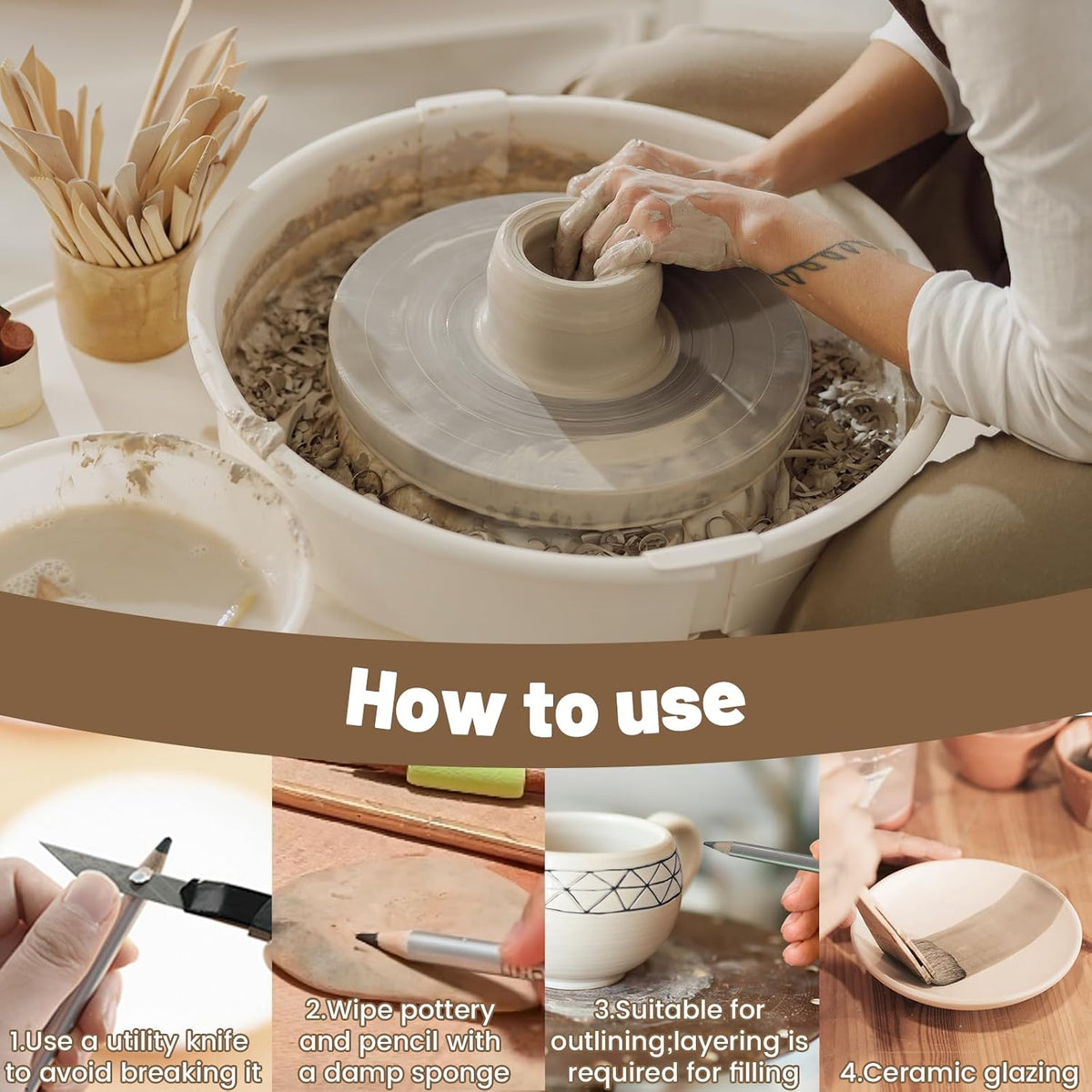 SHAOQINLIN pottery decorating kit packaging and complete contents overview.