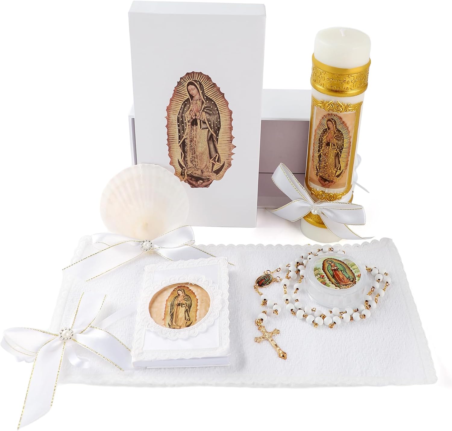 Rotel Catholic Baptism Candle Set front view showing the five piece white christening kit inside its gift box