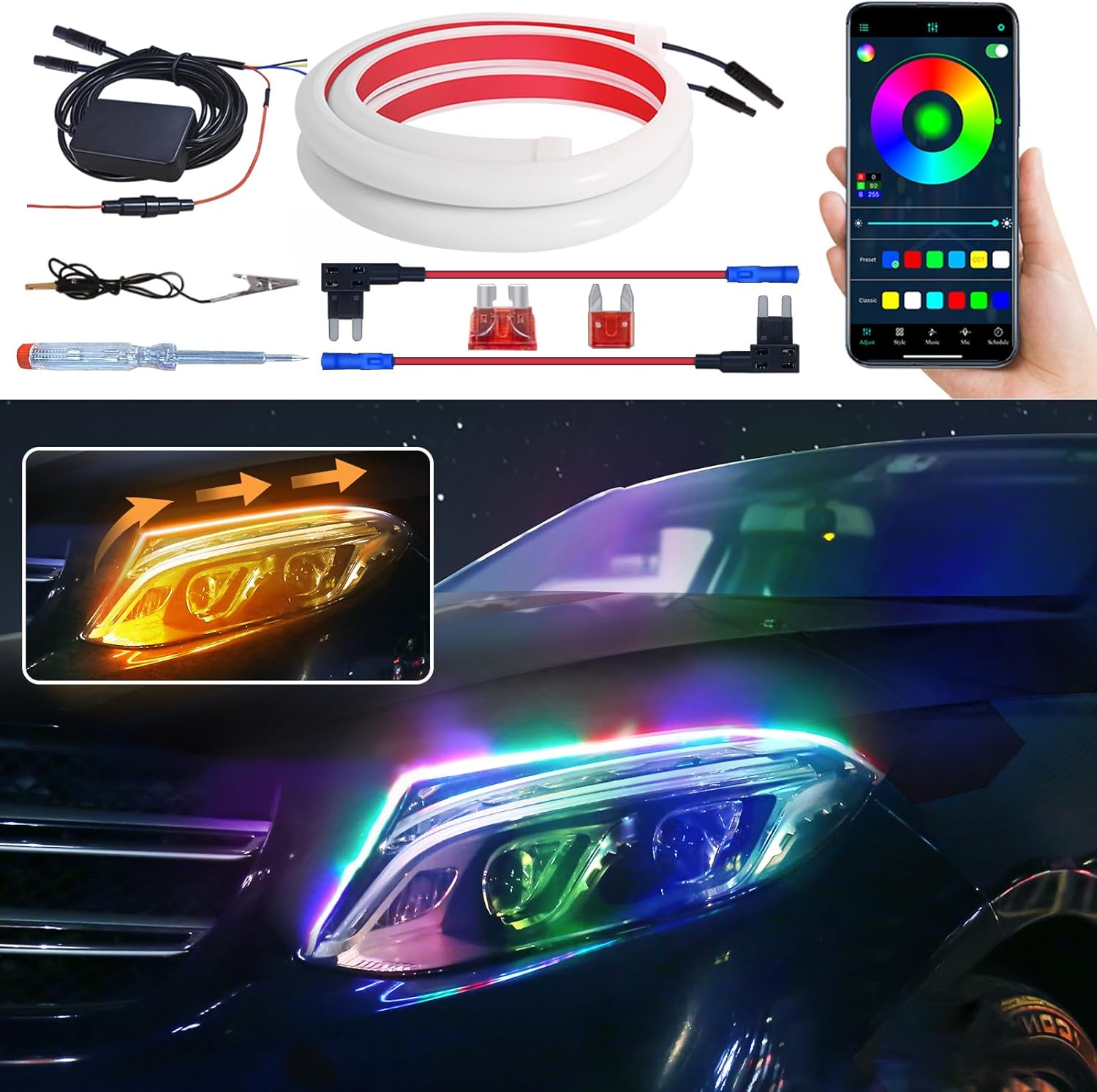 MAODANER Exterior DRL Daytime Running Lights Strip showing front view of bright multi-color LED headlight modification.