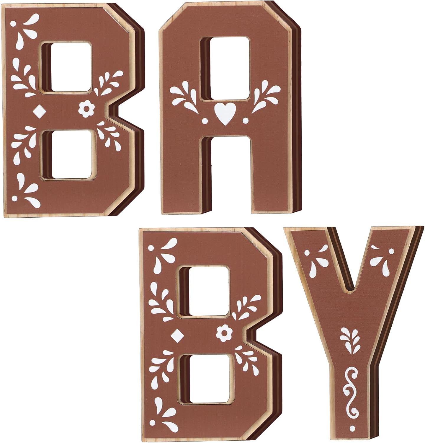 Threehoney 4 Piece Cielito Lindo Baby Shower Decorations front view showing rustic wooden letters spelling BABY
