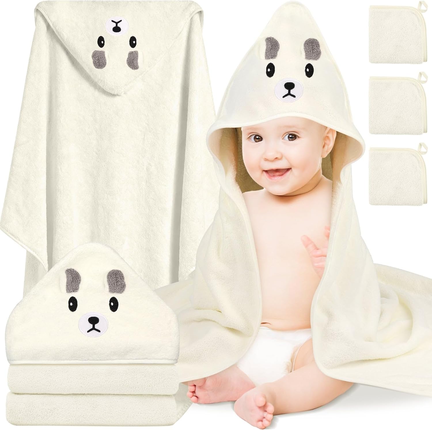 Sublaga hooded baby towel set with white bear design front view