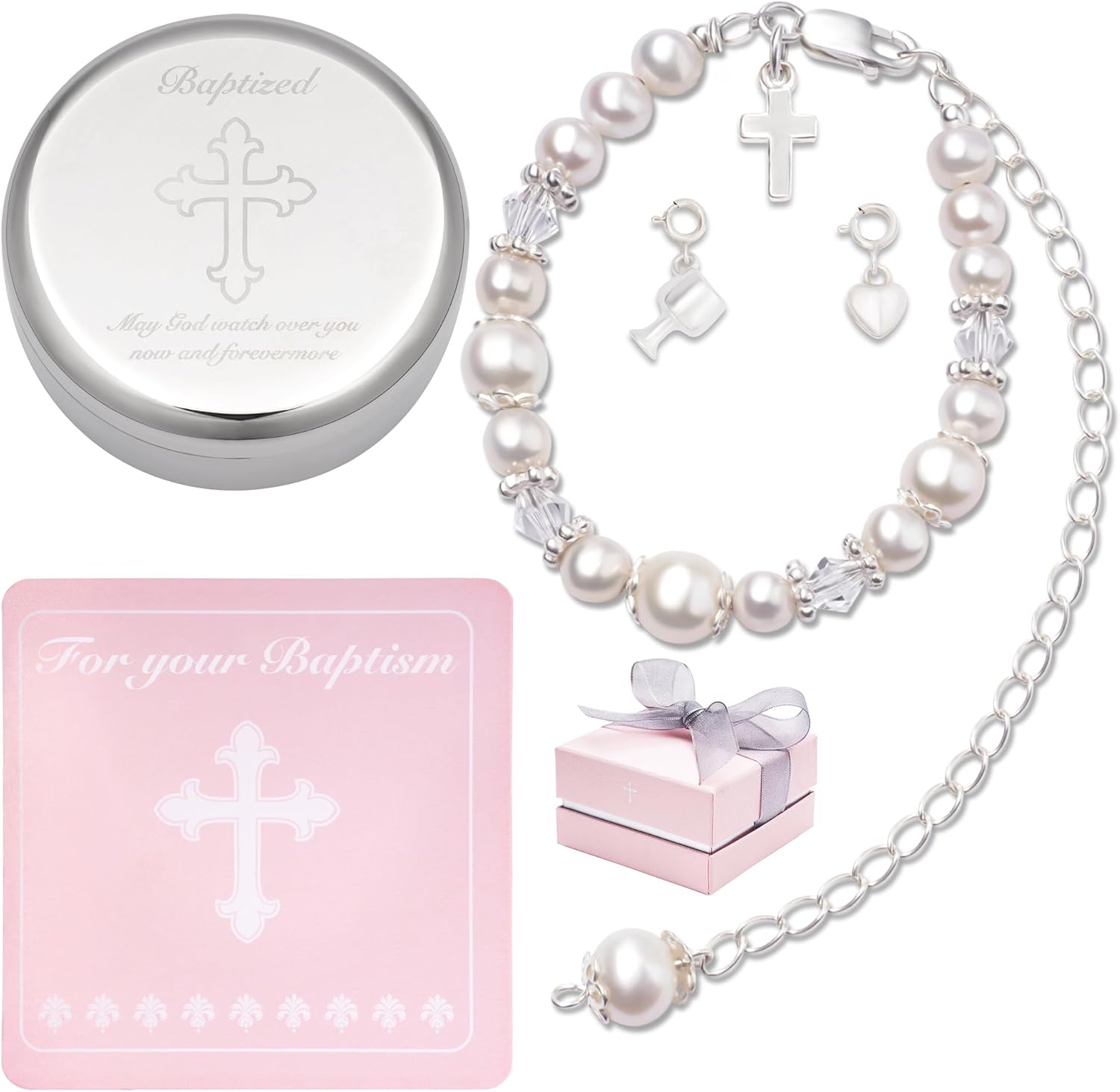 Tryuunion baptism bracelet in sterling silver and cultured pearls front view