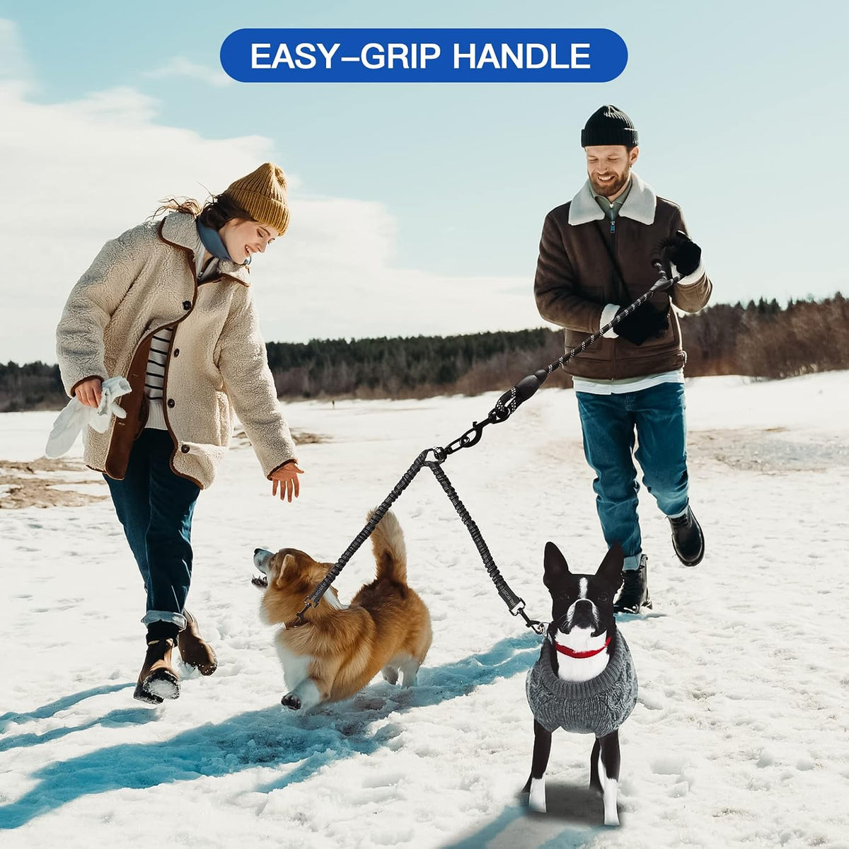 MingXpets Double Dog Leash, Dual Dog Leash, 360 degrees Swivel Tangle Free Bungee Walking Training for Large Medium Dogs, Shock Absorbing Bungee Reflective for Two Dogs, 18~120 lbs, Black - Image 9