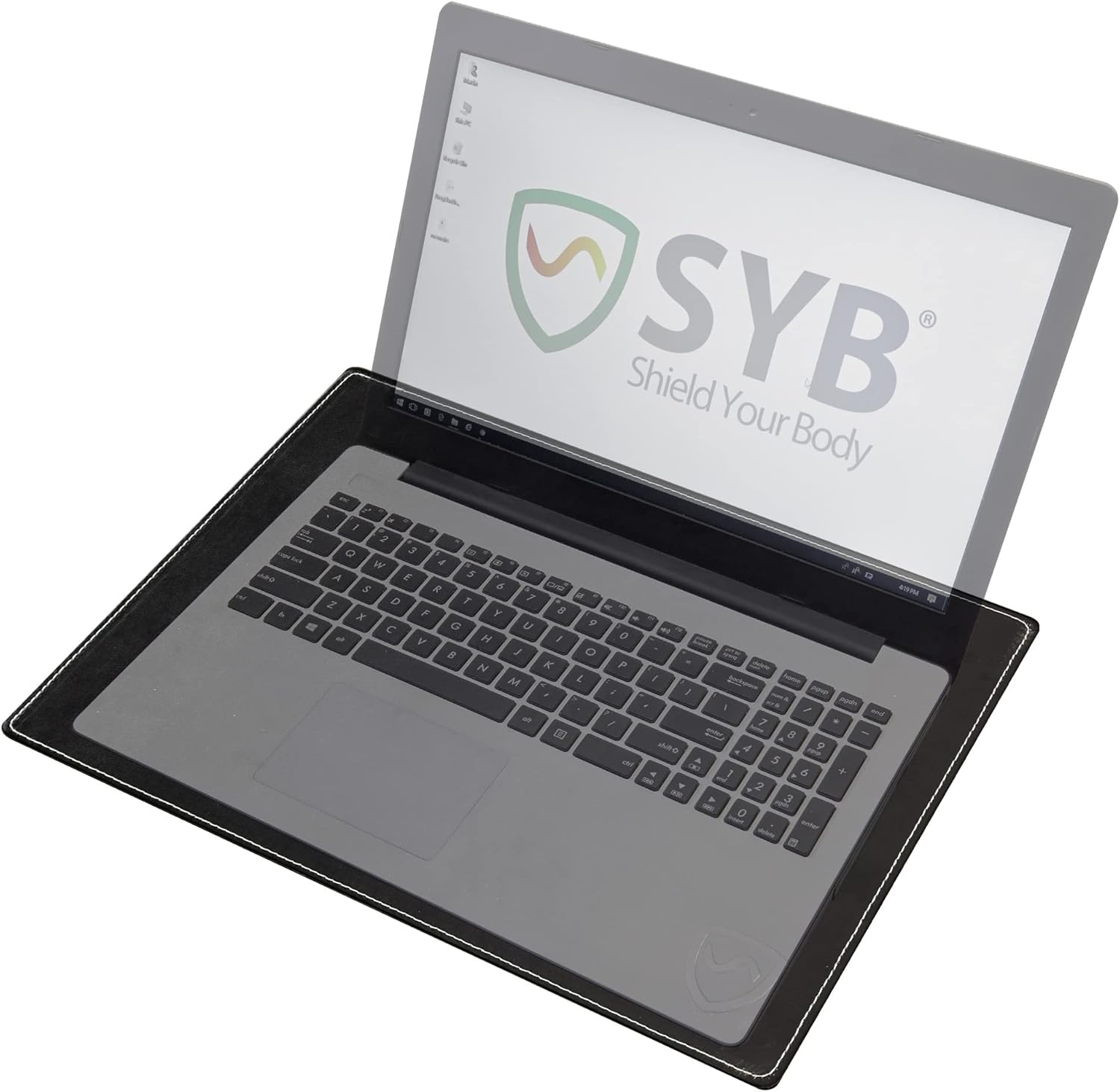 SYB laptop lap pad jet black front view showing premium anti radiation saferbody mesh surface