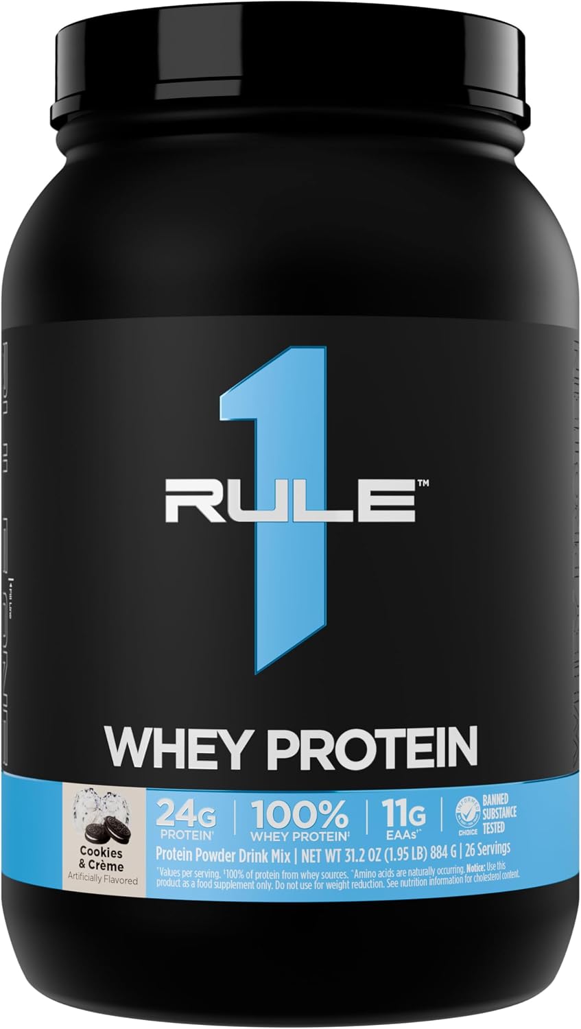 Rule 1 Proteins whey protein cookies and creme front view container