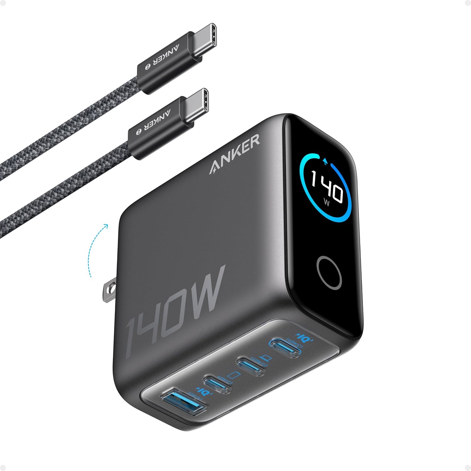 Anker 140W 4-port GaN laptop charger front view highlighting the high definition color smart display screen
