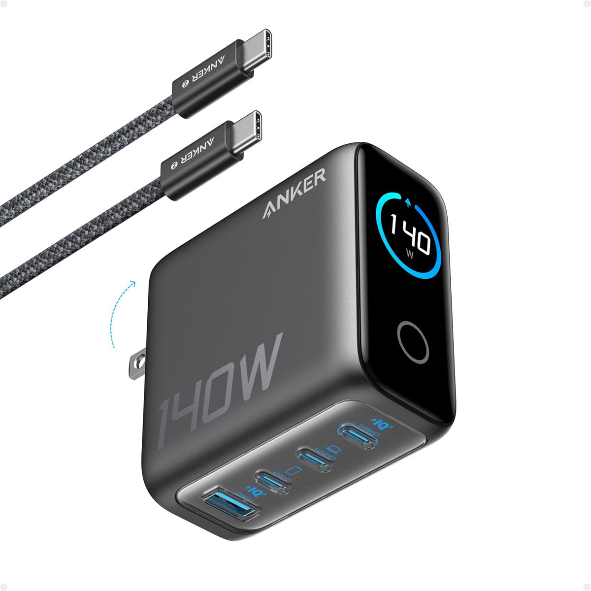Anker 140W 4-port GaN laptop charger front view highlighting the high definition color smart display screen