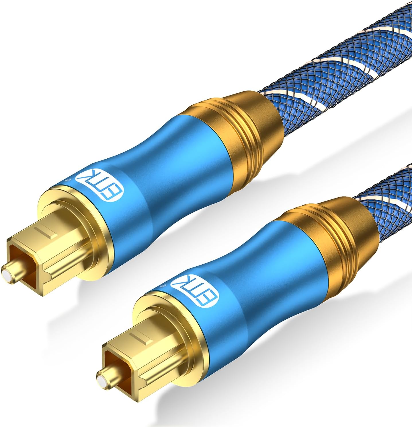 Emk digital optical audio cable with blue nylon braid and gold connectors front view