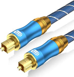 Emk digital optical audio cable with blue nylon braid and gold connectors front view
