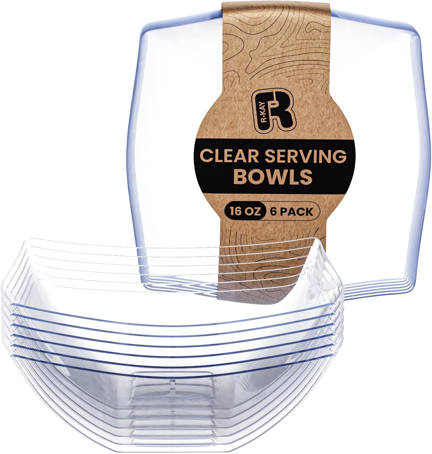 R-kay 6 Pack Square Plastic Serving Bowls front view of clear disposable catering dishes.