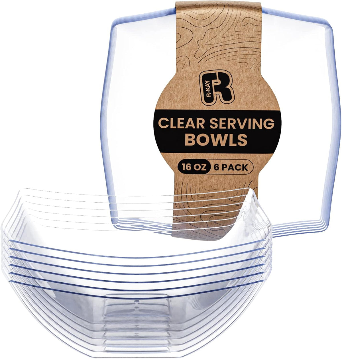 R-kay 6 Pack Square Plastic Serving Bowls front view of clear disposable catering dishes.