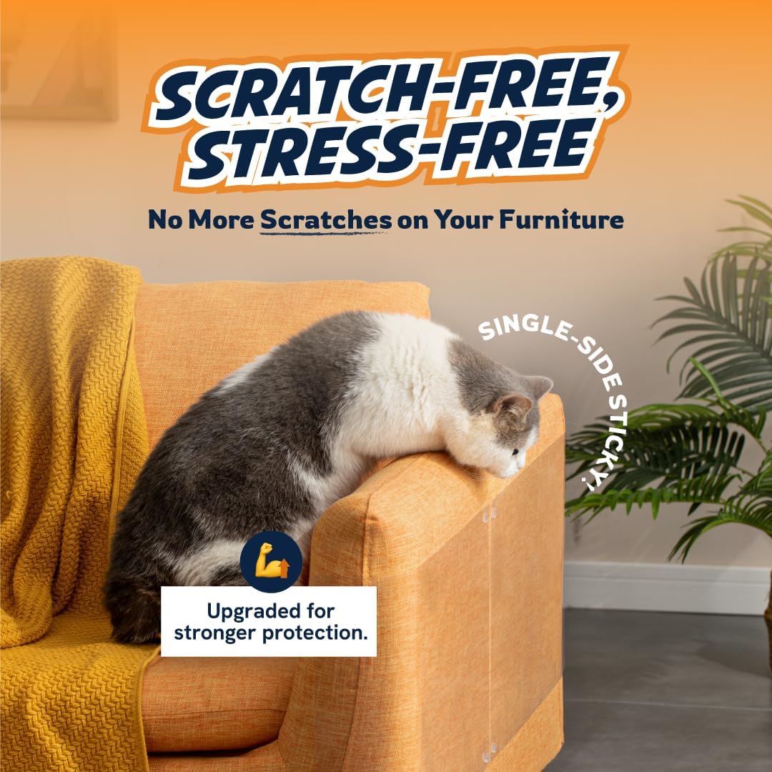 Transparent cat scratch furniture guard applied to a couch arm