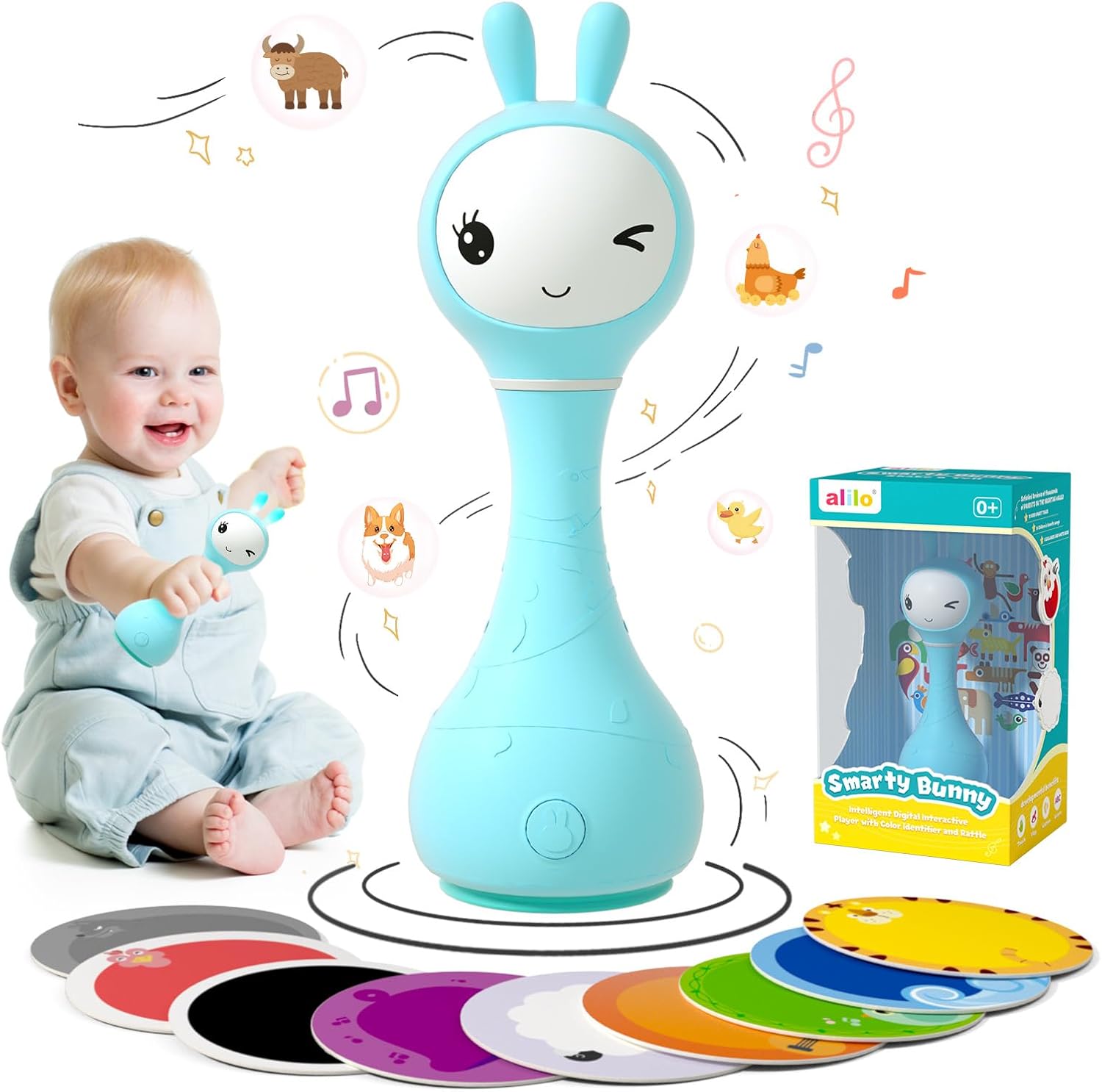 Alilo Smarty Bunny Baby Rattle front view showing blue interactive musical toy with glowing ears.