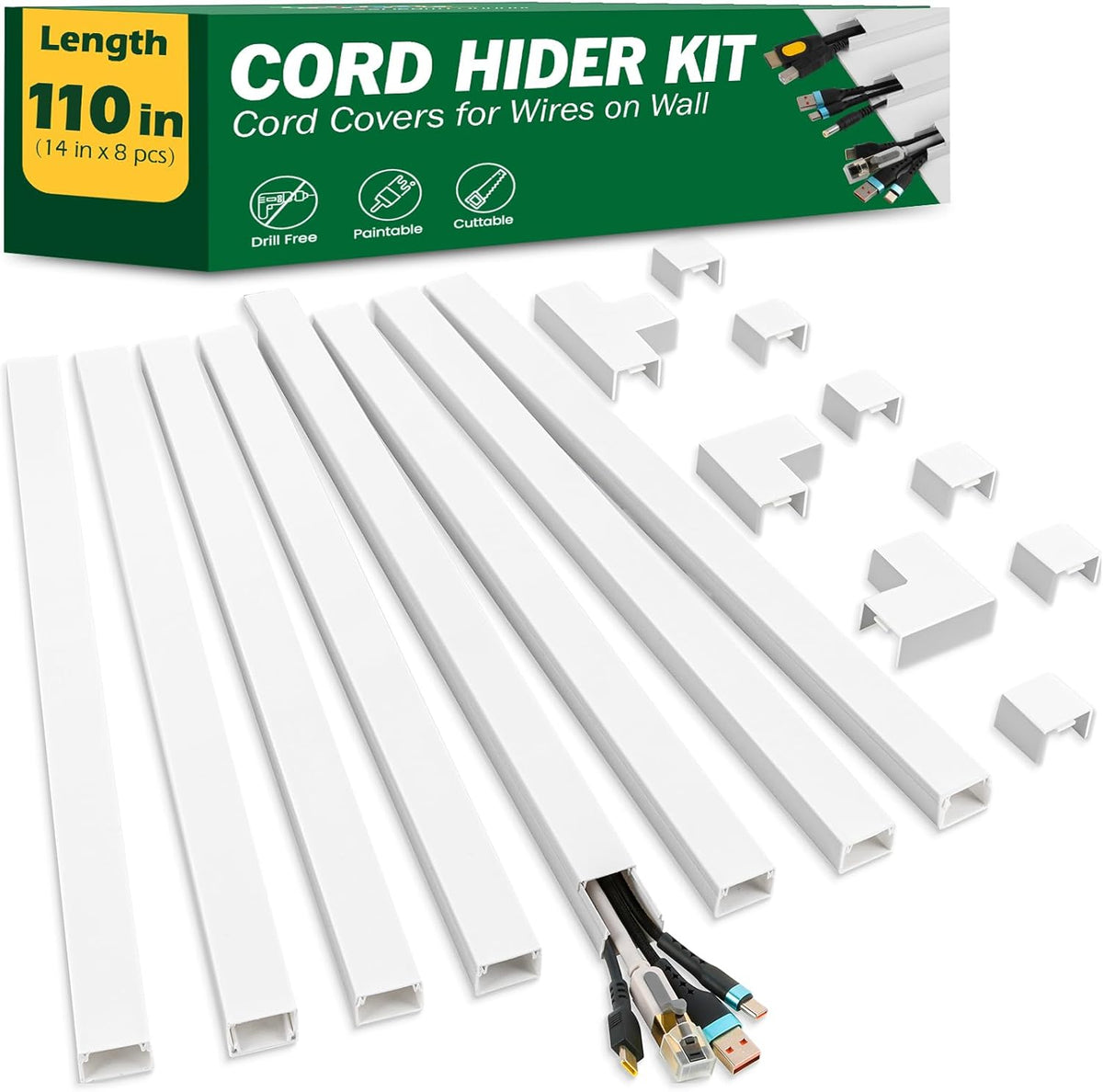 AZEN Cord Hider Kit front view showing white paintable cable covers for wall mounted television wires.