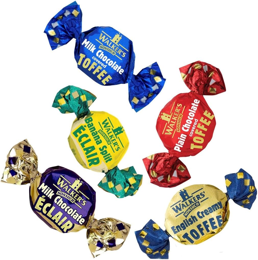 Assorted traditional United Kingdom toffees showing chocolate covered and banana split flavors